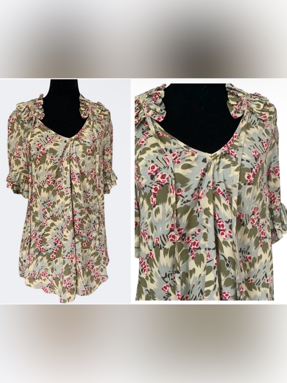 Anthropologie Odille Olive Green Pink Floral Ruffle Top Tie Neckline Sz. 8